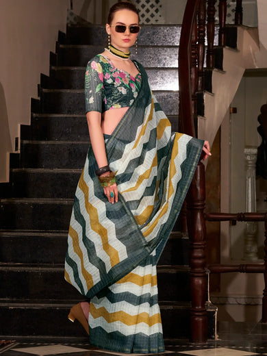 Incredible Multi-Color Printed Cotton Casual Wear Saree With Blouse